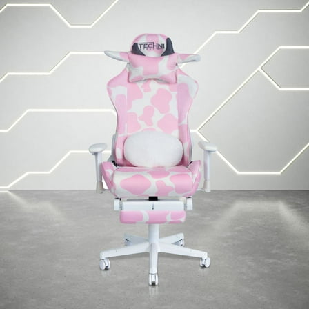 Techni Sport Pink Cow Print Gaming Chair w/ Footrest, Lumbar Support, Recline & 300 lb Capacity