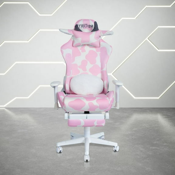 Techni Sport Pink Cow Print Gaming Chair w/ Footrest, Lumbar Support, Recline & 300 lb Capacity