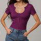 thumbnail image 2 of Blusa sexy de cuello en U y manga corta ajustada para mujer - Top elástico acanalado para salir por la noche o para el día a día, 2 of 4