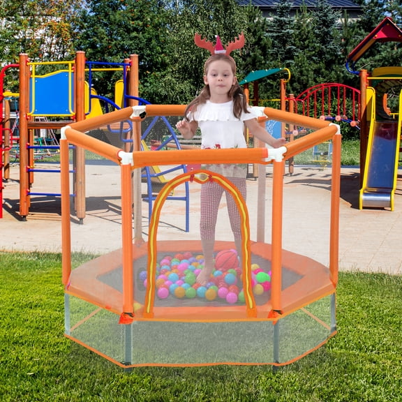 55" Toddler Trampoline with Safety Enclosure Net & Ocean Balls, Indoor Outdoor Mini Trampoline for Kids, No-Gap Design, ASTM Certified, Birthday Gift for Boys Girls