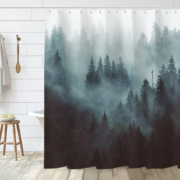 Rustic Mountain Tree Shower Curtain Set, Smokey Mist Forest National Scenery Polyester Waterproof Cloth Bathroom Curtain with 12 Hooks, 71x71 Inches