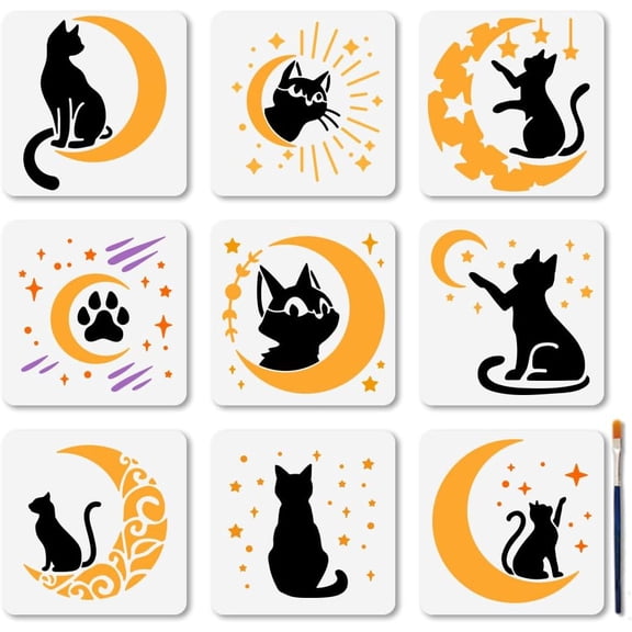 9Pcs Cat on The Moon Stencil Set 5.9×5.9inch Starry Night Sky Painting Stencils Reusable Animal Paw Print Template DIY Craft for Painting on Wood Furniture Canvas Wall Decoration