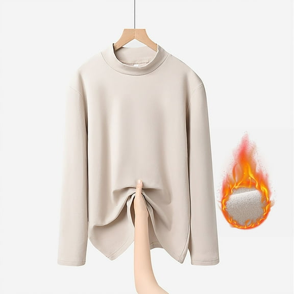 Blmnix Beige Going Out Tops Warm Casual Work Relaxed Fitted T Shirts for Women Long Sleeve Cotton Mock Neck Shirts