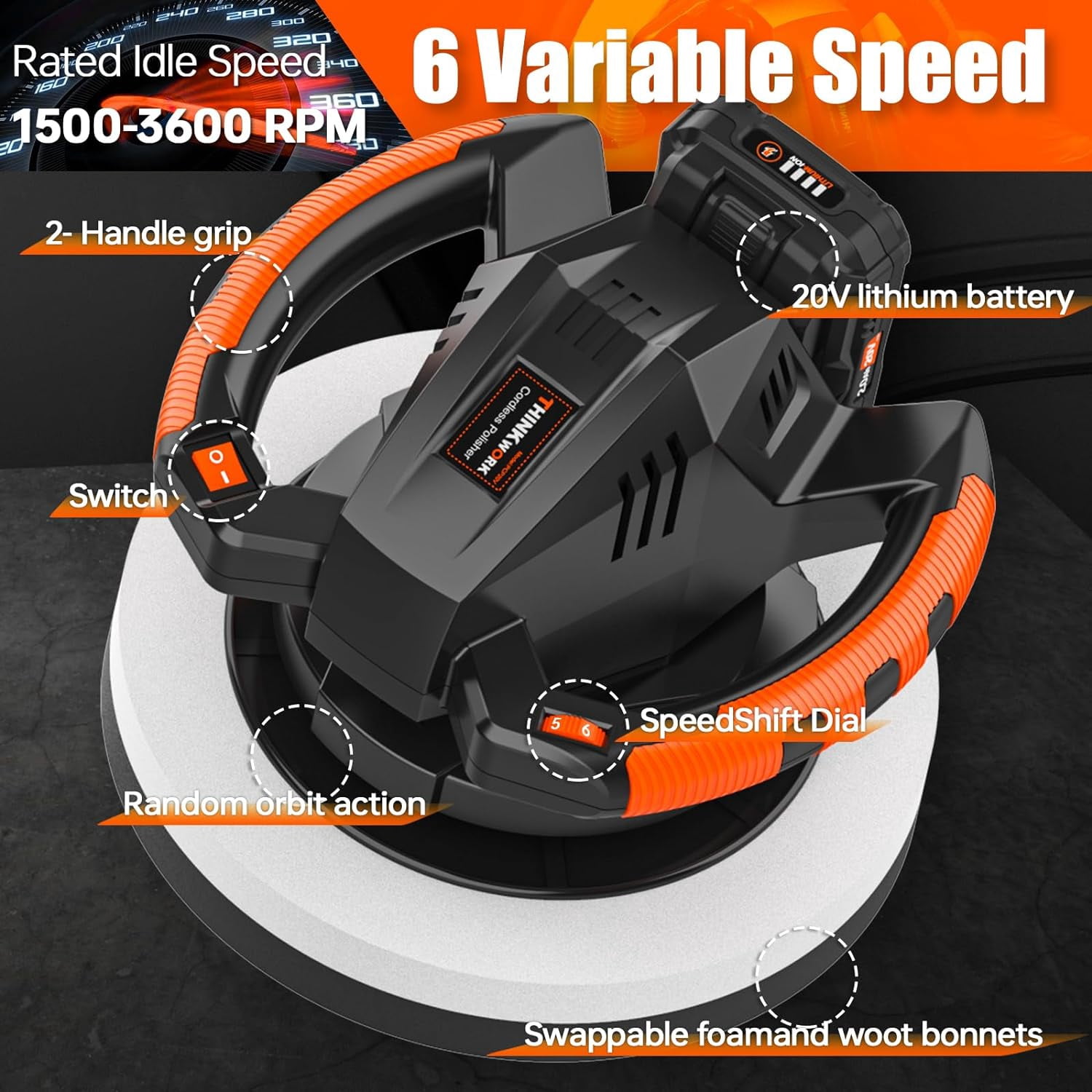 THINKWORK Portable 20V Cordless Buffer Polisher - 10-Inch Polishing Machine Kit for Car with 2Ah Rechargeable Battery, 6 Variable Speed 1500-3600RPM, Double Handle, Ideal for Car Waxing