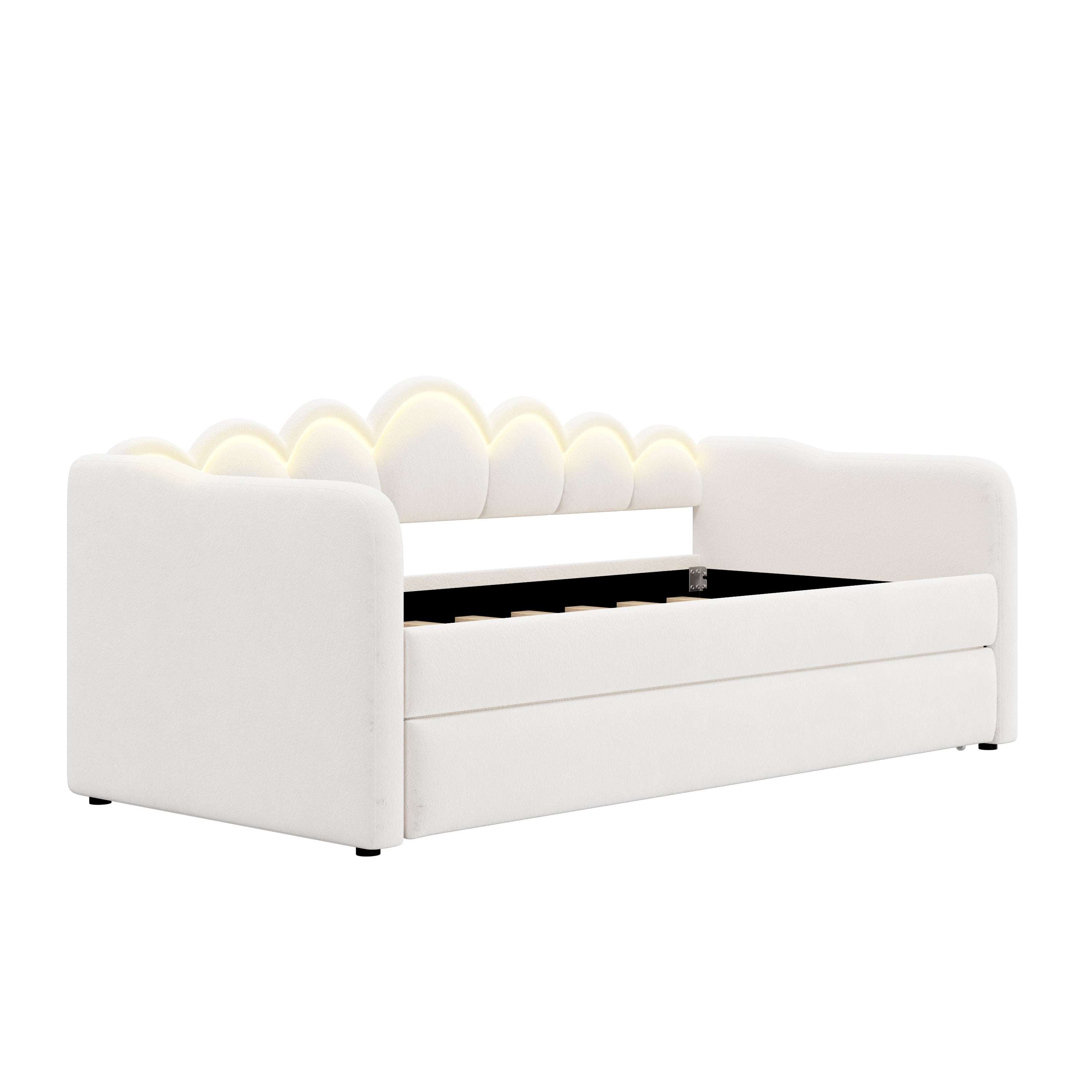 Euroco Upholstery Twin XL Daybed with Trundle and LED Light, Convertible Trundle Bed, White