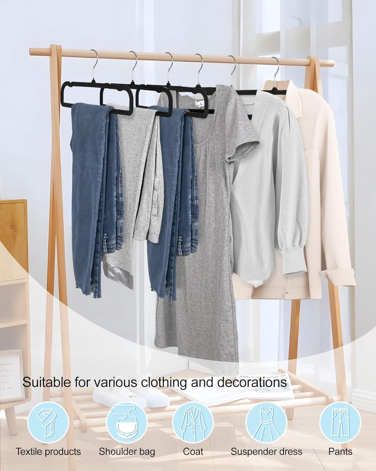 Velvet Pants Hangers with Non-Slip Bar, 20 Pack Felt Trouser Hangers with 360 °   Swivel Hook for Dresses, Shorts, Jeans, and Slacks, Black