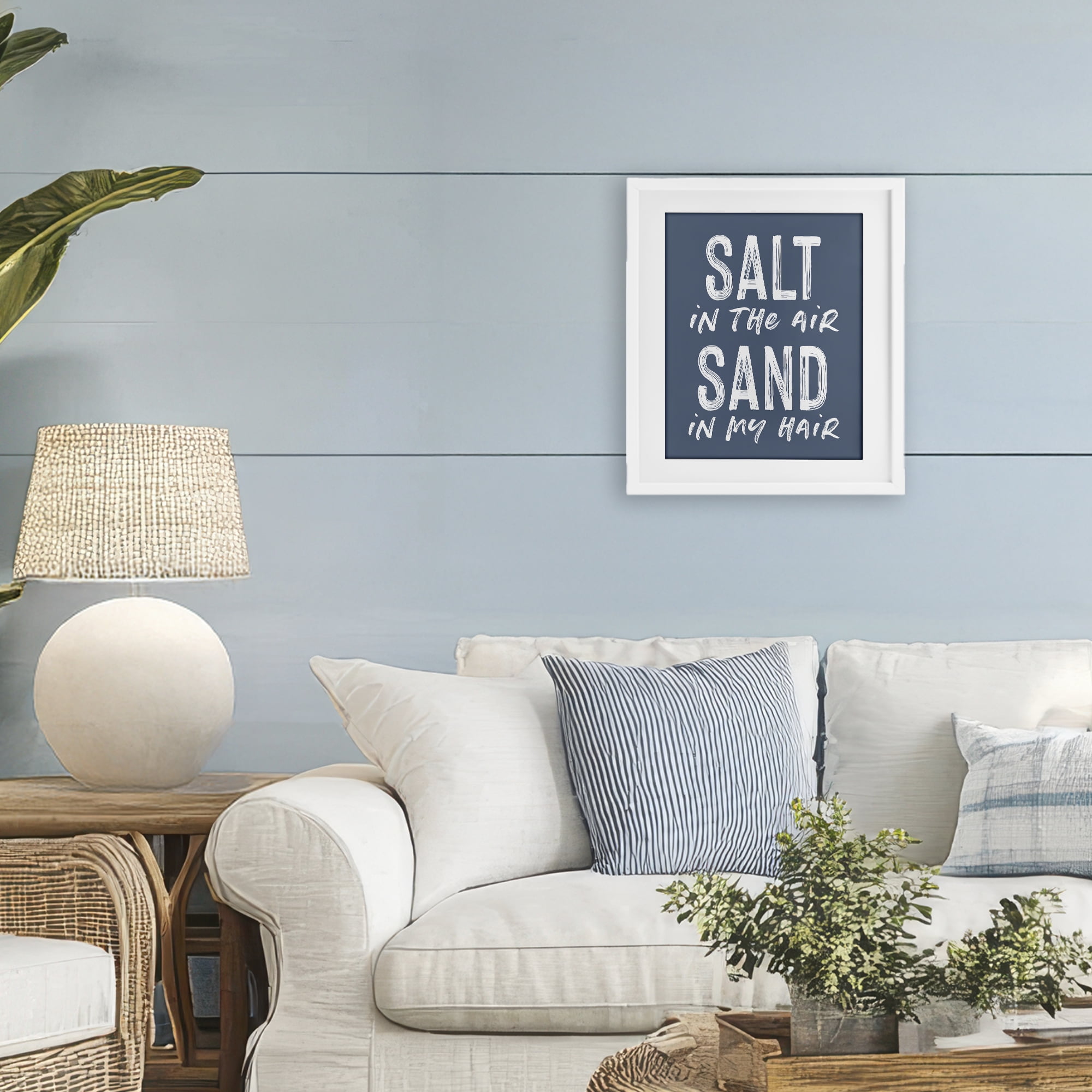 Summer Sentiment Salt Sand In Hair White Framed Print Under Glass, design by Lettered and Lined