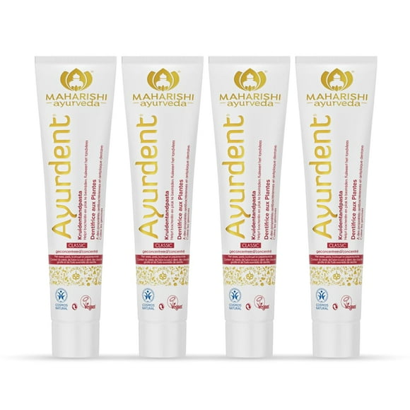 Maharishi Ayurveda Ayurdent Classic Toothpaste | Unique Saliva Balancing Formula | For Toothache, Bleeding Gums, Sensitivity, Cavities, Plaque & Bad breath | Non Foaming, SLS & Fluoride Free Pack of 4