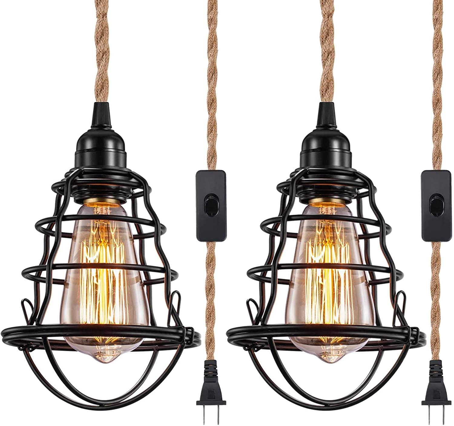 2 Hanging Lamps Swag Lights Plug in Pendant Light with On/Off Switch Wire Caged Pendant Hemp Rope - Walmart.com