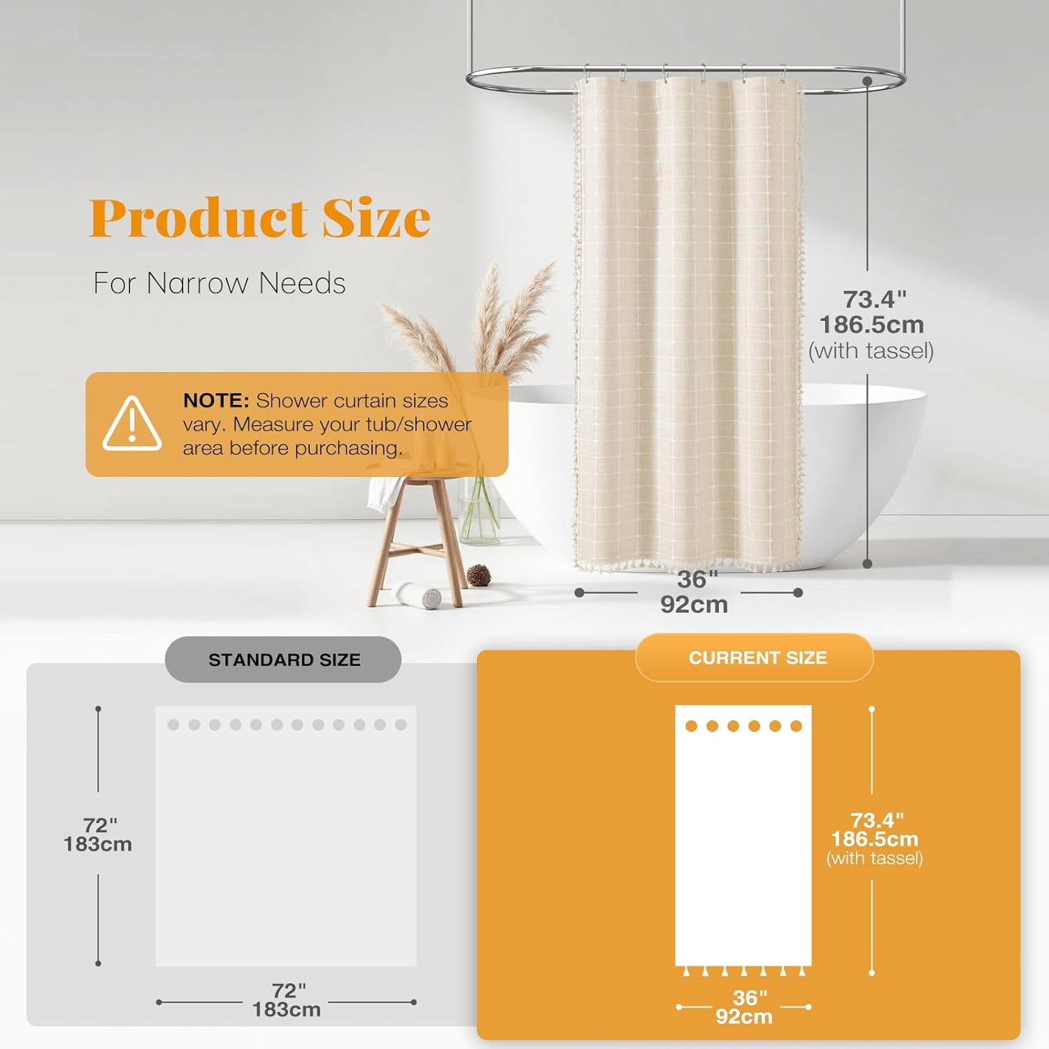 Boho Farmhouse Shower Curtain Set with Tassel - Linen Rustic Heavy Duty Fabric, Water Repellent, Modern Bohemian French Country Thick Bathroom Shower Curtains - Cream/Beige, 72x72