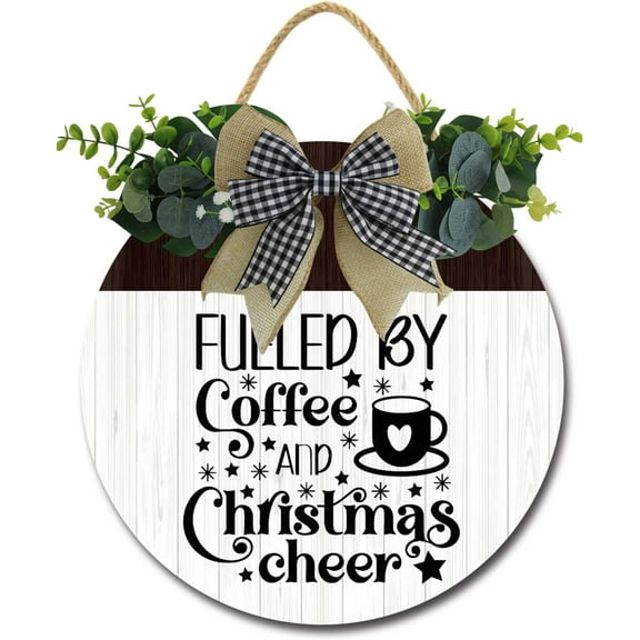 Eveokoki 12" Fueled By Coffee And Christmas Cheers Coffee Bar Decor Sign Rustic Farmhouse Wooden Round Retro Coffee Bar Decor Coffee Lover Coffee Station Decor Home Office Kitchen Wall Decor
