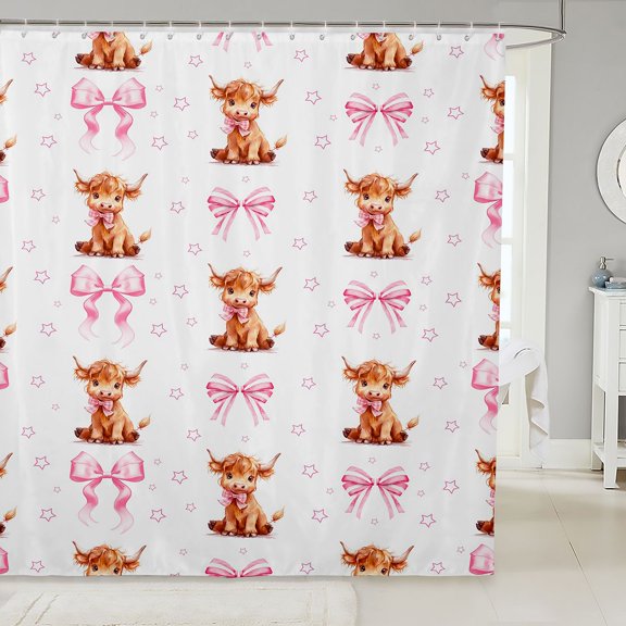Manfei Farm Animal Highland Cow Shower Curtain 72Wx72L,Cute Pink Bowknot Bathroom Curtain
