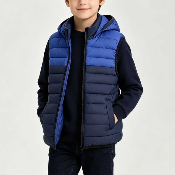 UKHCCC Boys Hooded Puffer Vest, Kids Lightweight Water-Repellent Zip-Up Winter Vest with Pockets, Color Block Fleece-Lined Outerwear, Ages 5-11