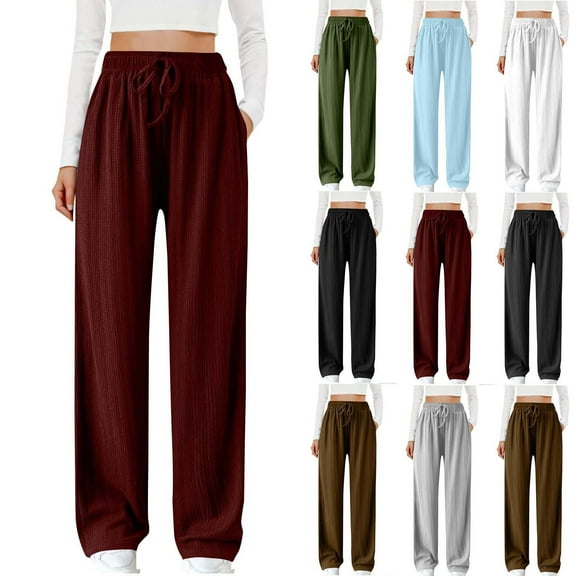 Women's Summer Wide Leg Pants Plus Size Pants Lace Up Casual Pants Elastic Waistband Loose Pants Trousers with Pockets