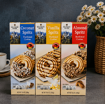 Deutsche Kuche Spritz Shortbread Cookies Coconut Spritz, Vanilla Spritz and Almond Spritz 10.6oz 300g (3 Boxes)
