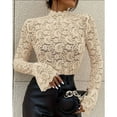 thumbnail image 4 of JGNGSHN Womens Lace Mesh Tops Bell Long Sleeve Mock Neck Sheer Blouses Sexy See Through Slim Fit Shirts, 4 of 8