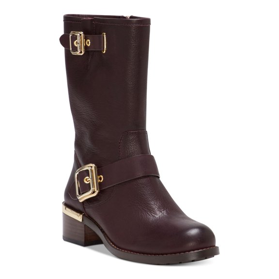 VINCE CAMUTO Womens Burgundy Moto Inspired Metallic Heel Plate Buckle Accent Padded Windy Round Toe Block Heel Zip-Up Leather Boots Shoes 7 M