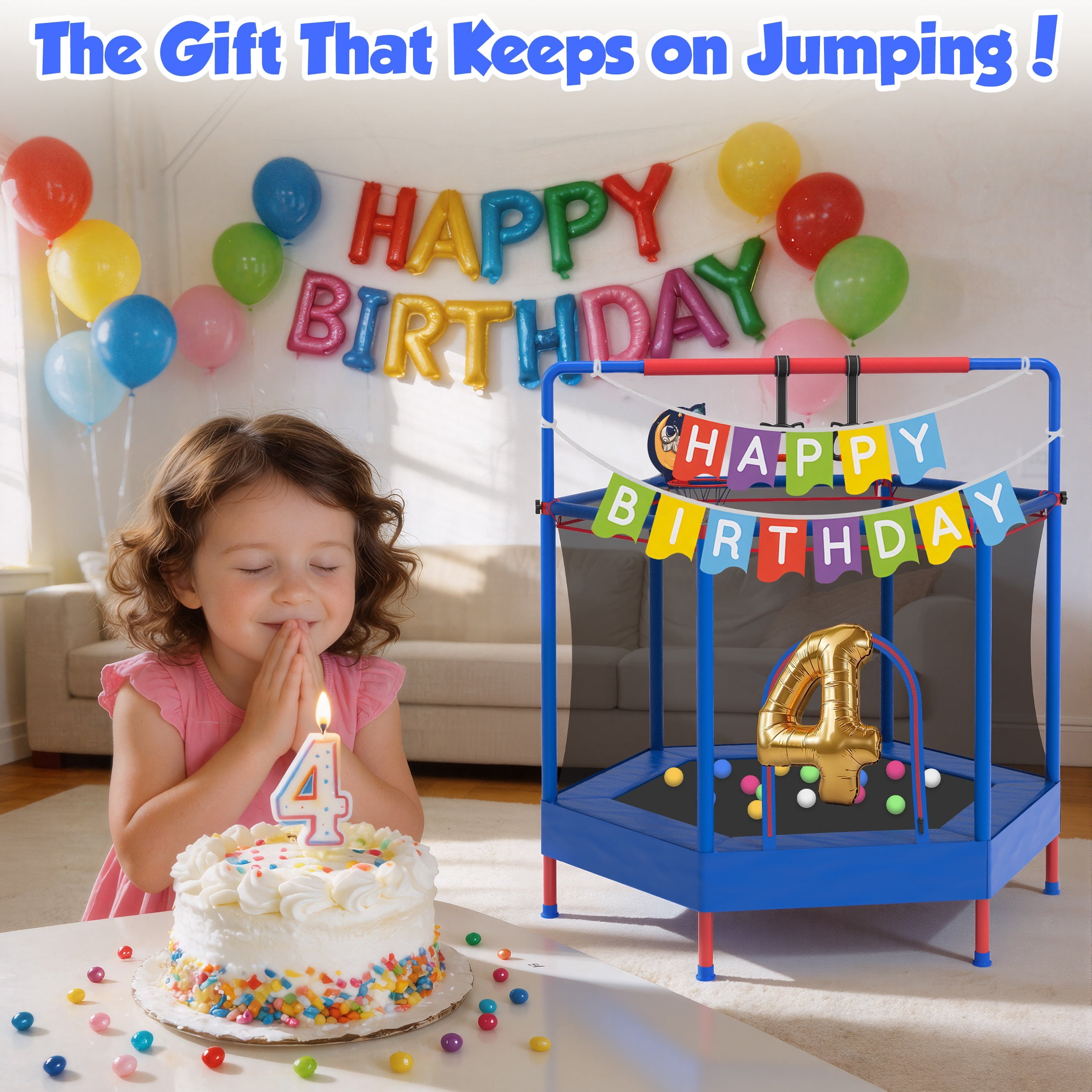 60" Mini Trampoline for Kids with Enclosure, Shinpt Indoor & Outdoor Toddler Trampoline, Upgrade Full Anti-Rust Tube with Adjustable Gymnastics Bars, Small Trampoline for Boys & Girls