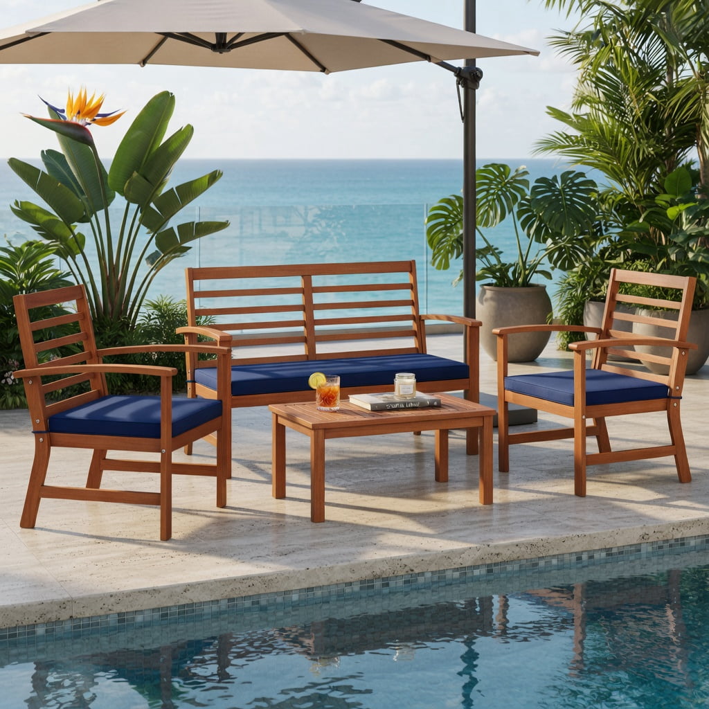 Hommoo 4-Piece Outdoor Patio Furniture Set, Acacia Wood Loveseat, 2 Chairs & Coffee Table with Cushions, Weather-Resistant Backyard Seating, Navy