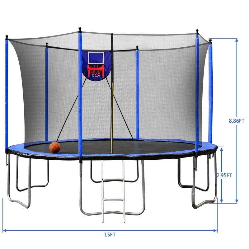 15FT Trampoline with Basketball Hoop, Ladder & Inflator, Outdoor Backyard Trampoline with Safety Enclosure Net, Rust-Resistant Galvanized Frame for Kids & Adults, Blue