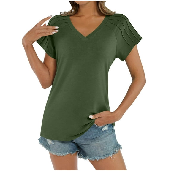 DeHolifer T-Shirts for Women V-Neck Solid Color Short Sleeve Pleated Summer Trendy Pullover T-Shirts Army Green 2XL