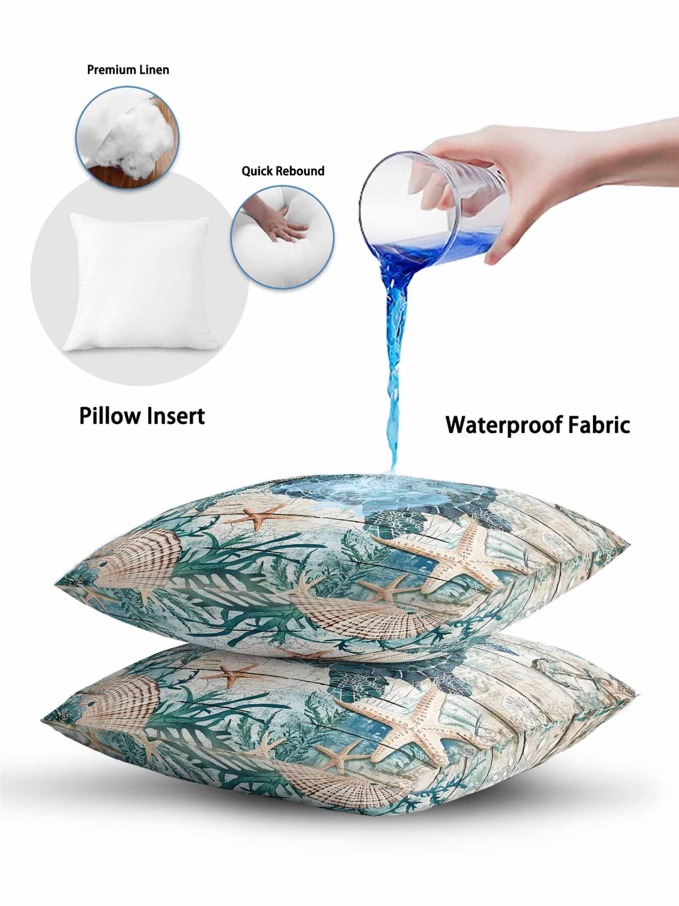 Outdoor Pillows Waterproof, Teal Sea Turtle Coastal Bedding Throw Pillows with Insert for Couch Sofa Bed, Summer Beach Nautical Starfish Retro 18x18 Inch Pillowcases Decorative Patio Pillow Set of 1