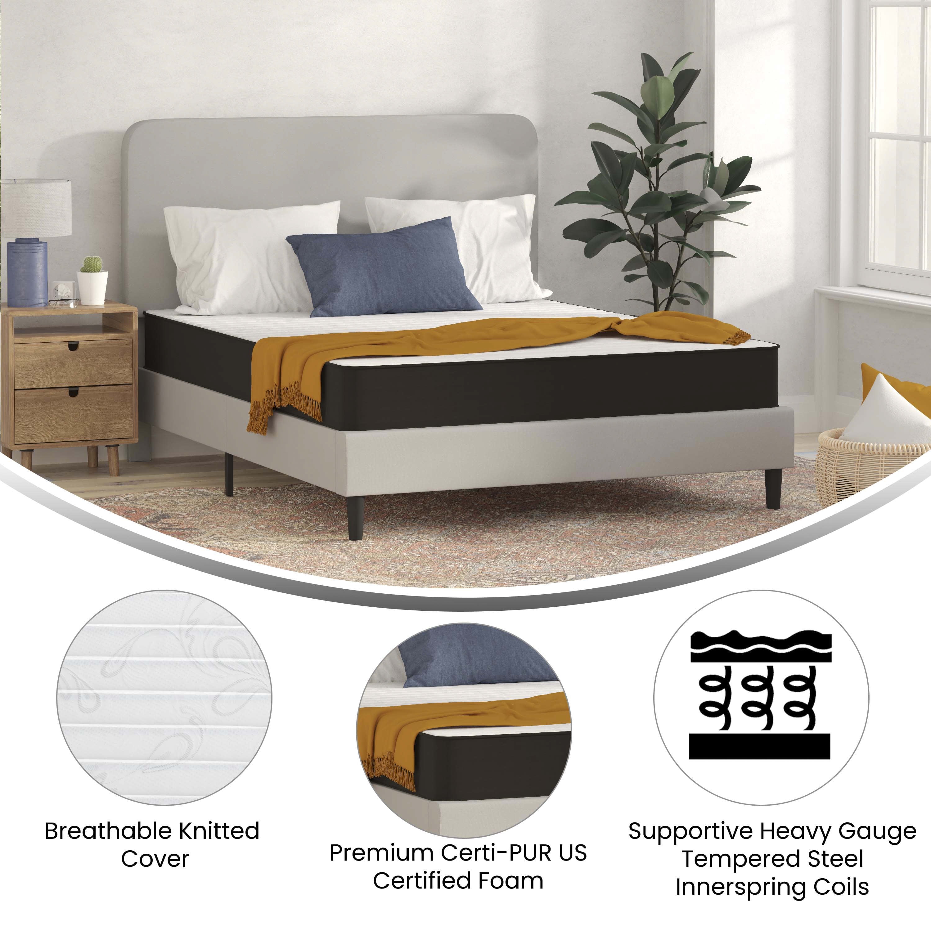 Emma + Oliver Premium Comfort 8" Queen Size Medium Firm Hybrid Innerspring Mattress in a Box with Knitted Fabric Top and CertiPUR-US Certified Foam