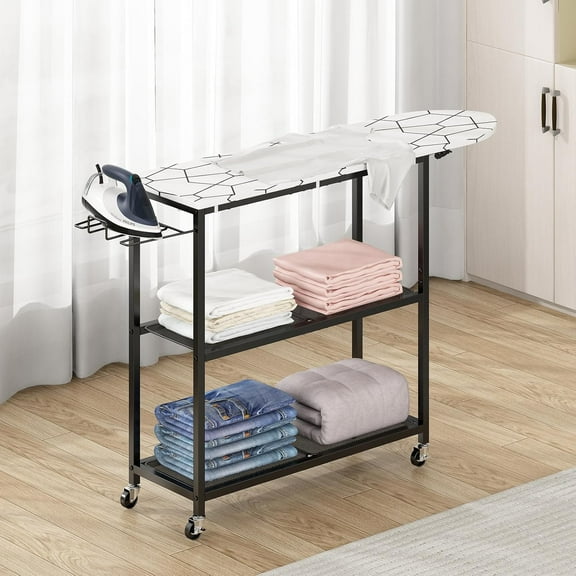 Ironing Board with 2 Tier Storage Basket, Movable Ironing Board Full Size for Iron Rest & Clothes, Tabletop Ironing Boards, Ironing Stand Iron Boards Ironing Table Rustic, White