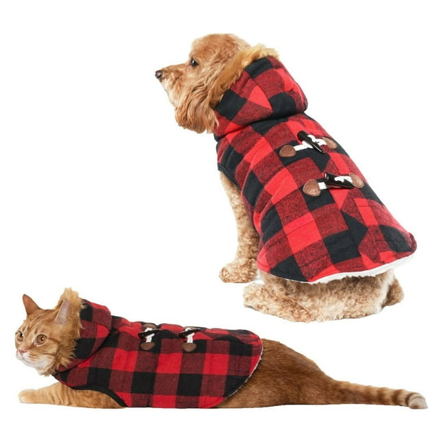 Holiday Time Dog Clothes: Hooded Jacket for Fall & Winter, Red & Black Buffalo Plaid, Size XS-XL