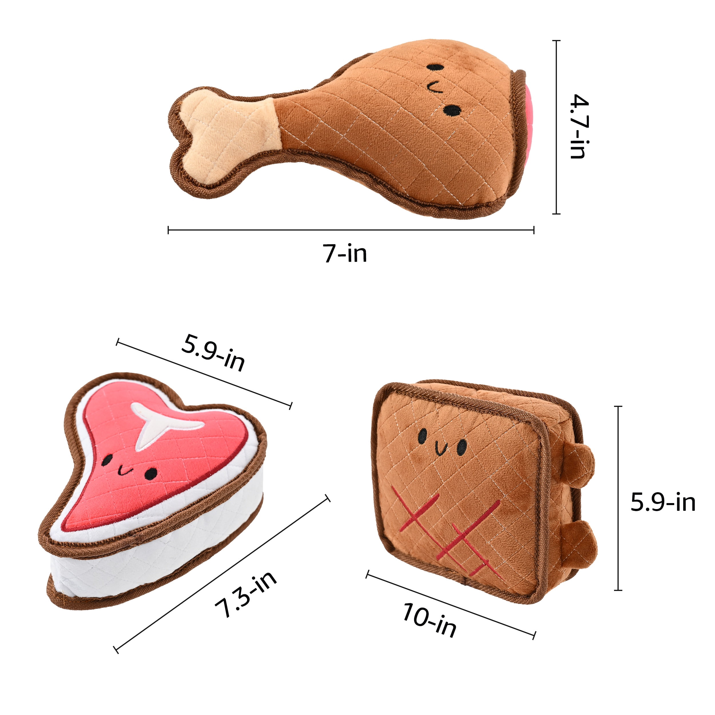 Max & Marlow Indestructible Plush Dog Chew Toy for Aggressive Chewers, Chicken, Beef, and Sandwich 3 Pack