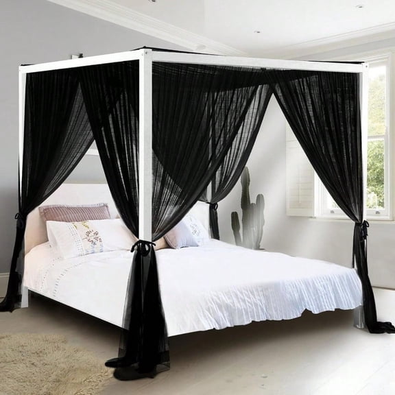 South to East Black Canopy Bed Curtains 4 Corner Post Bed Canopy for Girls Adults Top Luxurious Bed Drapes for Bedroom Decoration 4 Openings 100 Ripstop Polyester Easy Install King/Queen Size