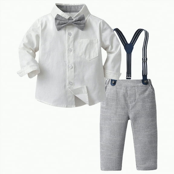 Ramiter Toddler formal Outfit Boy Toddler Dress Shirt With Bowtie Suspender Pants Outfit Sets Gentleman Wedding(Grey,6-7 Years )
