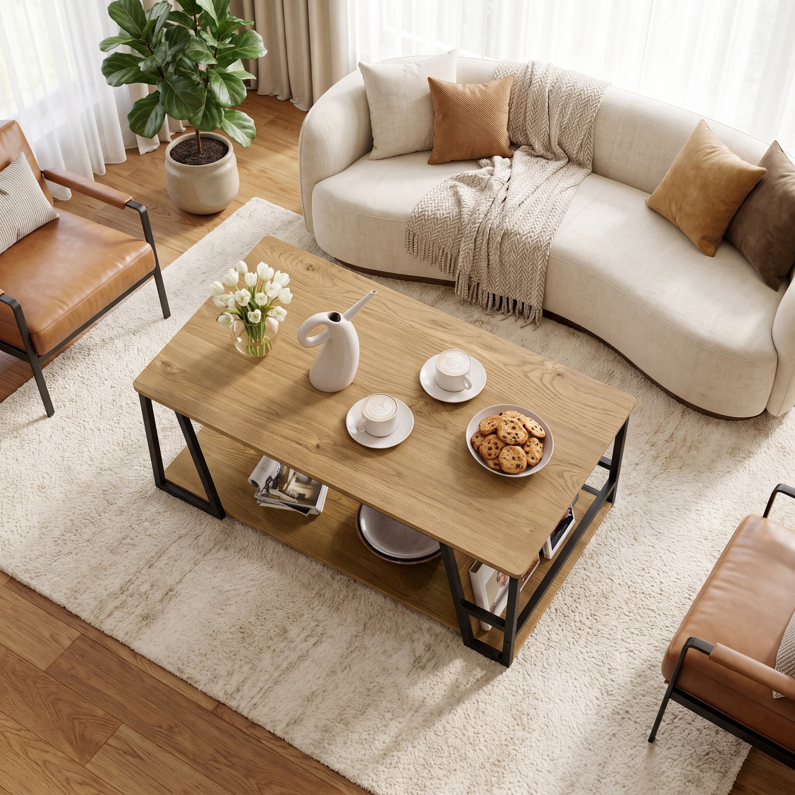 Furnibear Rectangle Industrial Coffee Table 2 Tier Accent Table with Storage Shelf and Side Compartment for Living Room, Natural