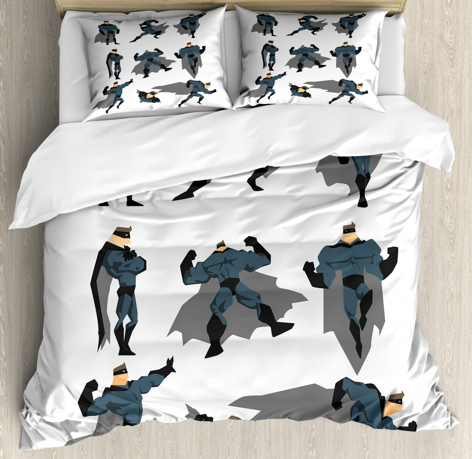 Superhero Duvet Cover Set Queen Size, Fun Cartoon Man in Costume Posing