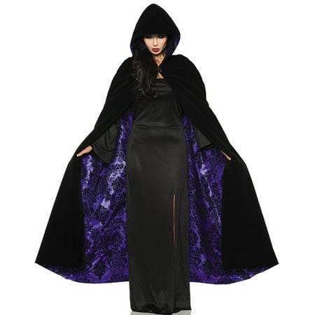 Deluxe Black Velvet Purple Satin Flocked Gothic Hooded Vampire Halloween Cape-Os