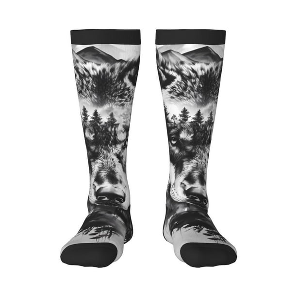 Fotbe Majestic Wolf Landscape Calcetas Divertidas Estampadas para Hombre y Mujer, Calcetas de Algodón hasta la Rodilla para Caminar, Correr, Enfermería y Embarazo