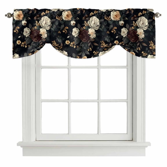 Tie Up Valances for Windows, Vintage Black Floral Adjustable Valance Curtains Window Treatment for Living Room, Spring Seasonal Botanical Blooms Rod Pocket Kitchen Curtains & Drapes 42x12 Inch
