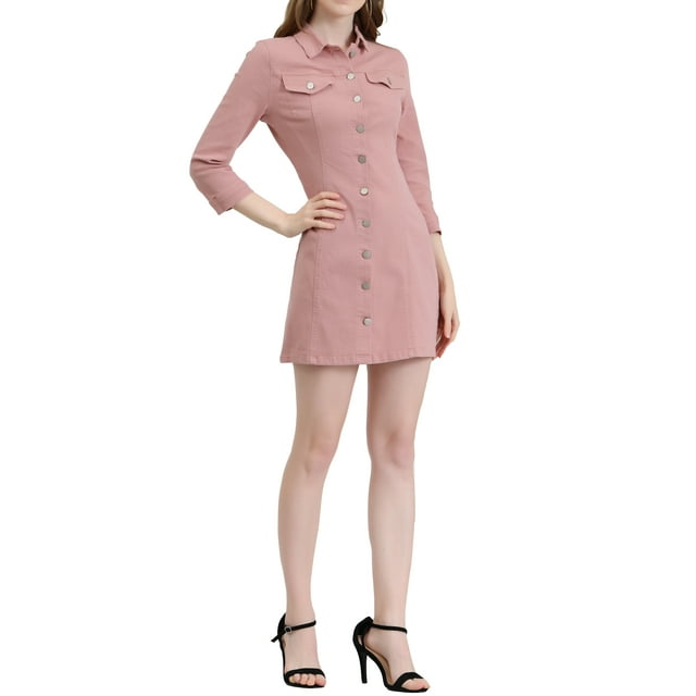 INSPIRE CHIC Robe-Chemise en Denim pour Femme, Manches 3/4, Boutonnée, Mini Robe Chemise en Jean, S Rose Foncé