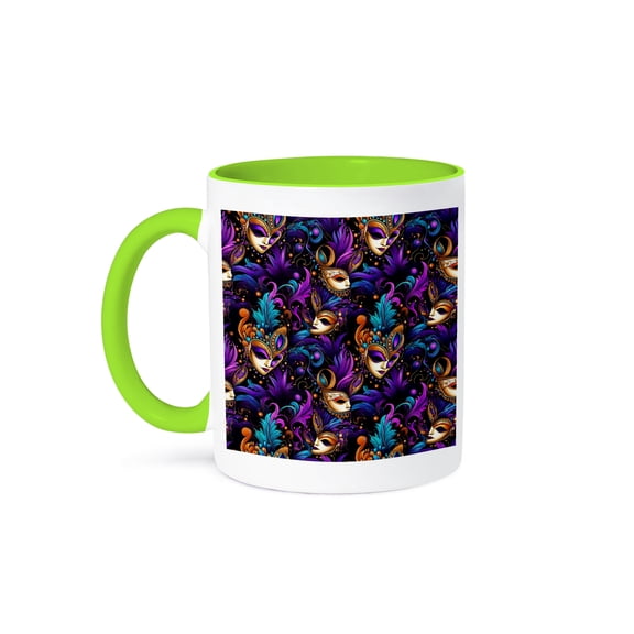 3drose, Pattern of Breathtaking Artsy Mardi Gras Masks, Vibrant Colors Gift, 15oz Two-tone Green Mug