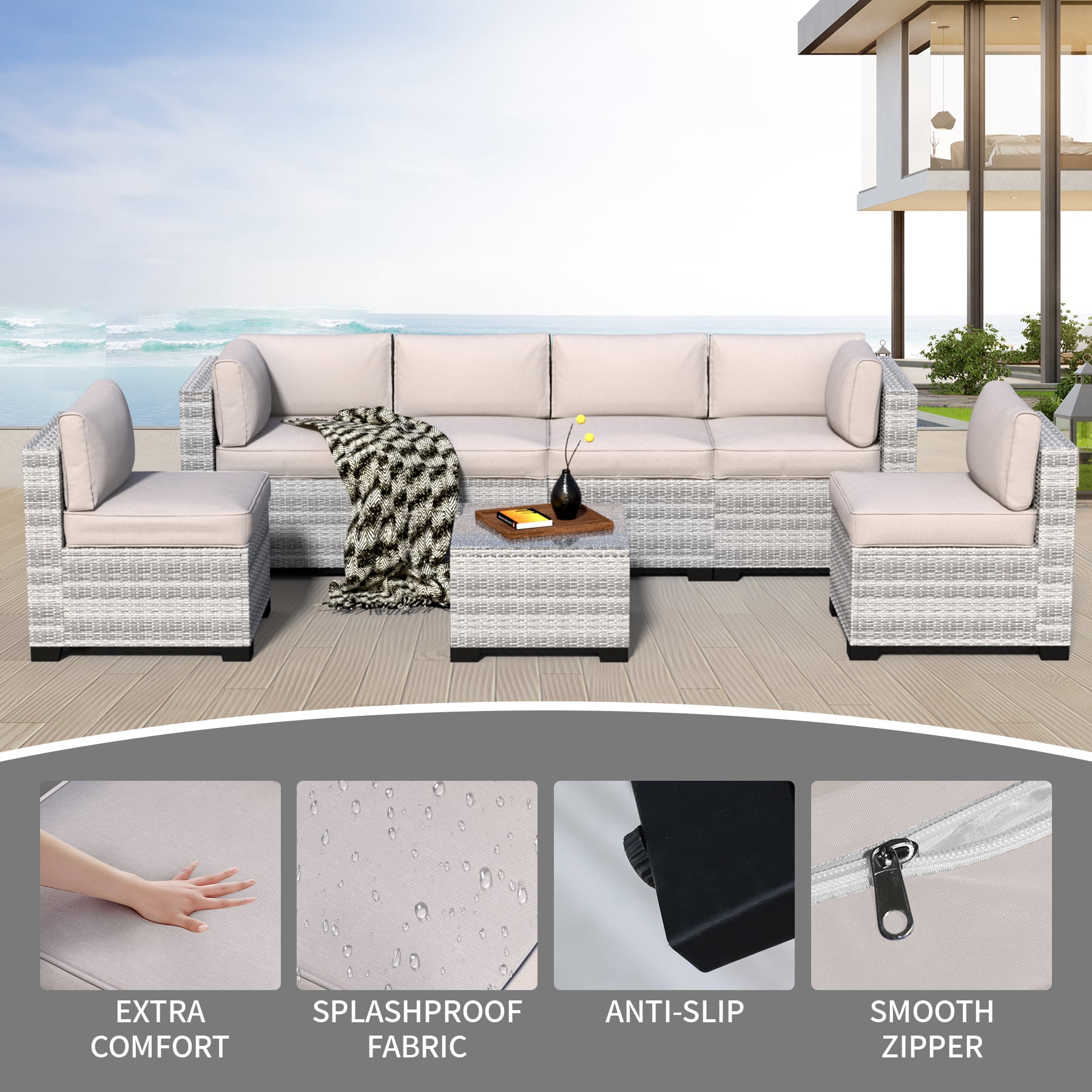 7-Piece Outdoor Sectional Patio Furniture Set, All-Weather Wicker Rattan Sofa with Thick Washable Cushions & Tempered Glass Table, Perfect for Garden, Poolside, Backyard (Dusty Gray)