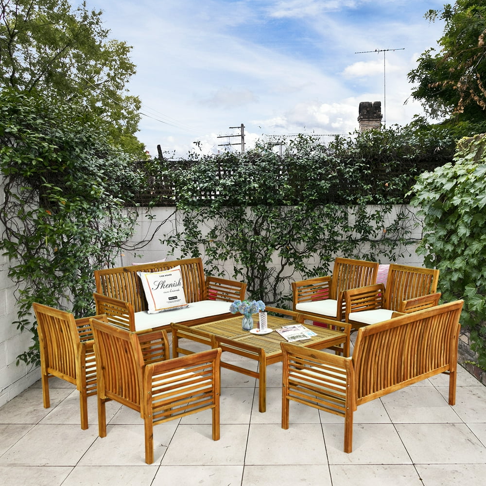 Costway 8 PCS Outdoor Acacia Wood Sofa Furniture Set Cushioned Chair