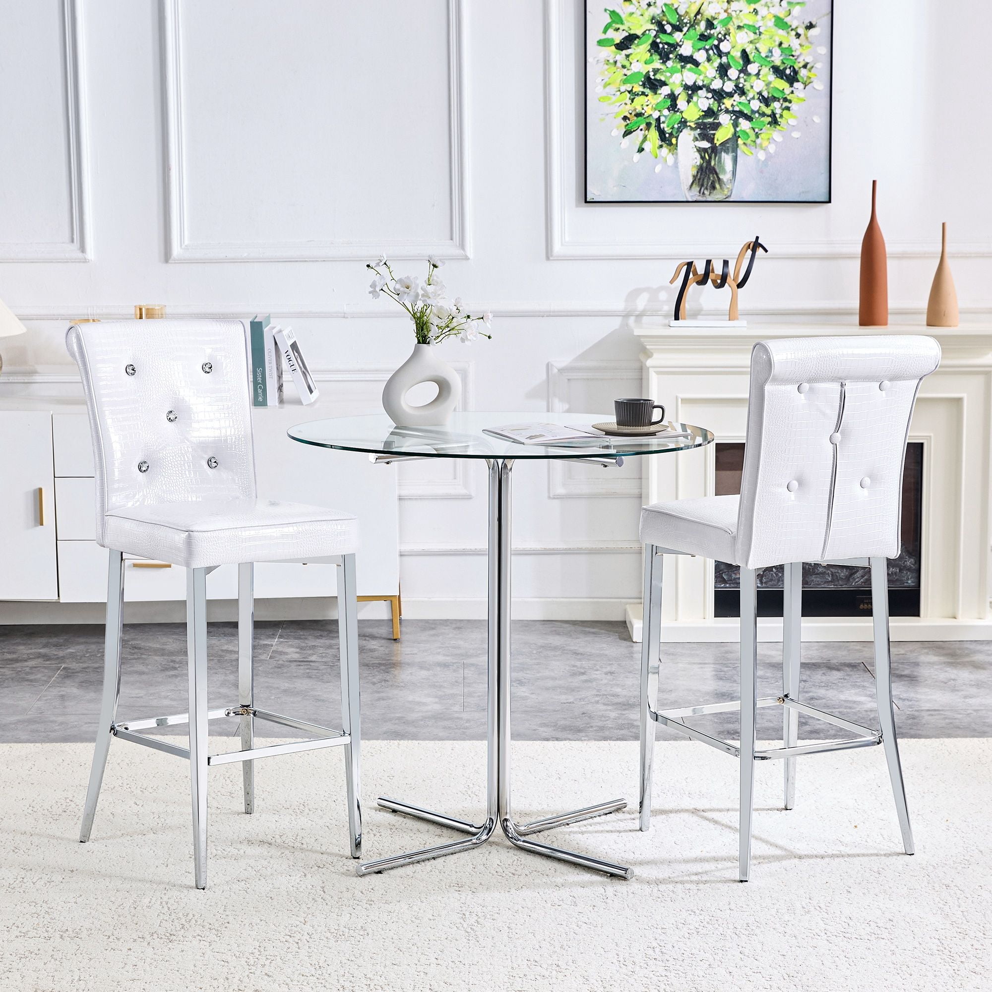 Alvantor Set of 2 White Crocodile Faux Leather Bar Chairs with Crystal Accents