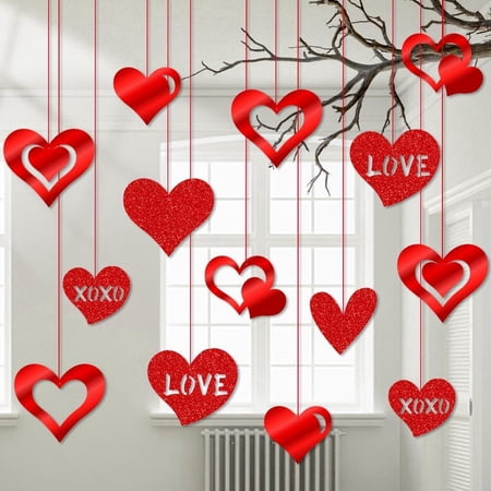 32 Pack Valentines Day Hanging Decorations-Valentine Heart Decor Glitter Valentine s Day Love Hanging Ornaments with Red Ribbons for Valentines Party Indoor Home Office Classroom Decoration