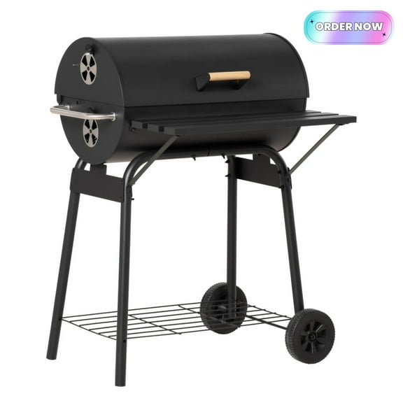 Tcbosik Barrel Charcoal Grill with Side Shelf, Barbecue Smoker Grill Combo with Storage Rack and Wheels, BBQ Grill for Outdoor, Camping, Picnic, Party, Black