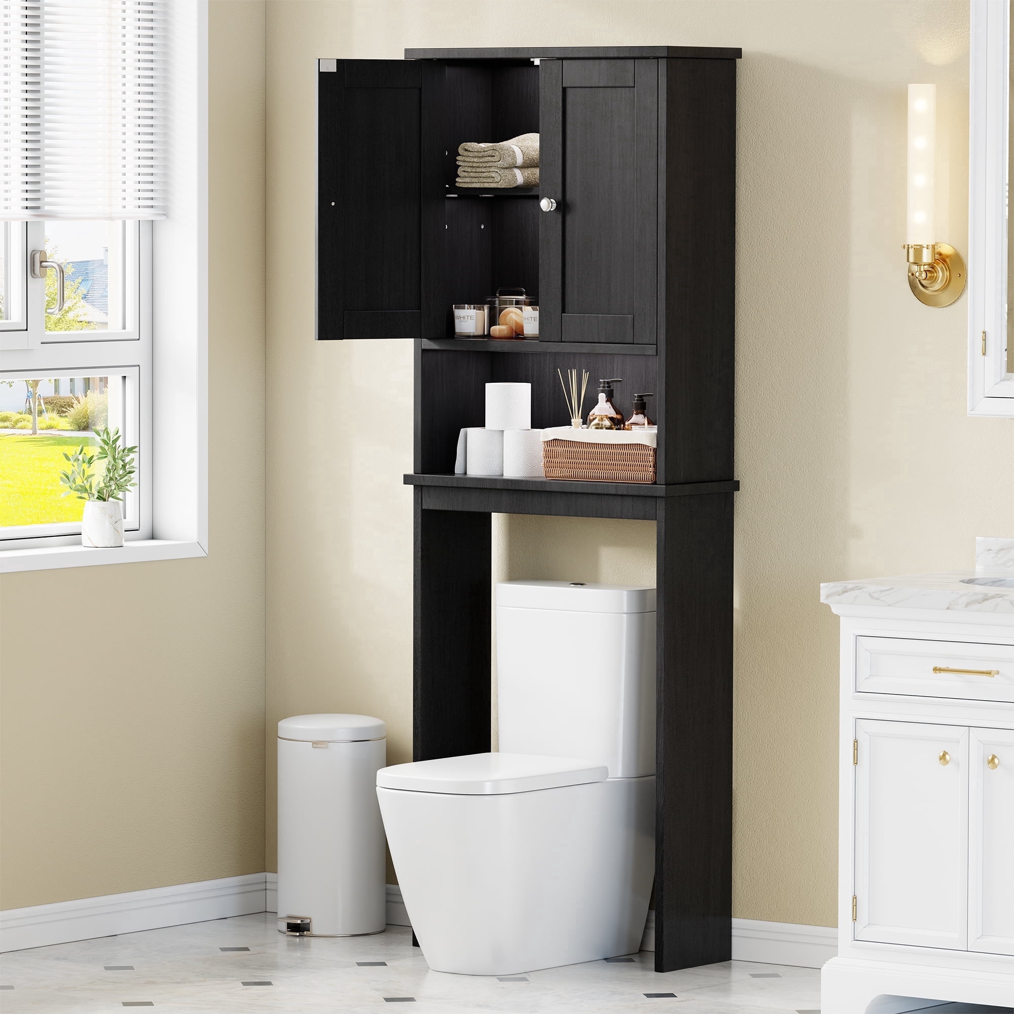 Walsunny Over The Toilet Storage Cabinet Bathroom Shelves Organizer Space Saver Freestanding Restroom Shelf with Doors Anti-Tip Device Adjustable Shelf Black