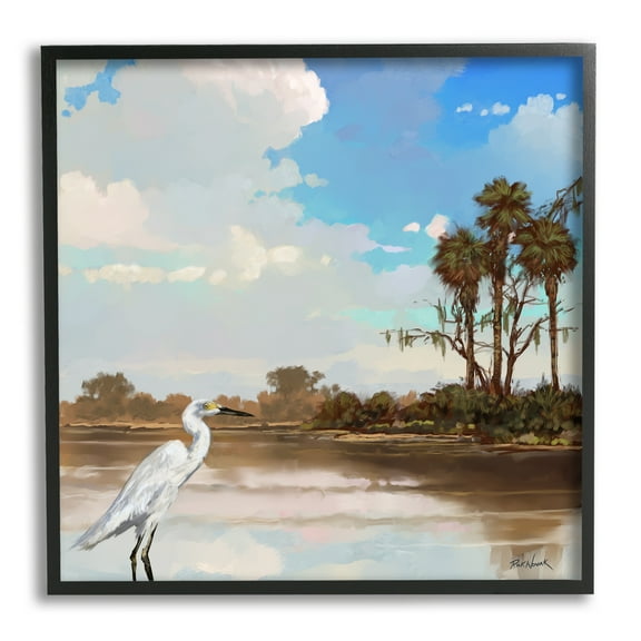 Stupell Egret Tropical Beach Scenery Landscape Painting Black Framed Art Print Wall Art