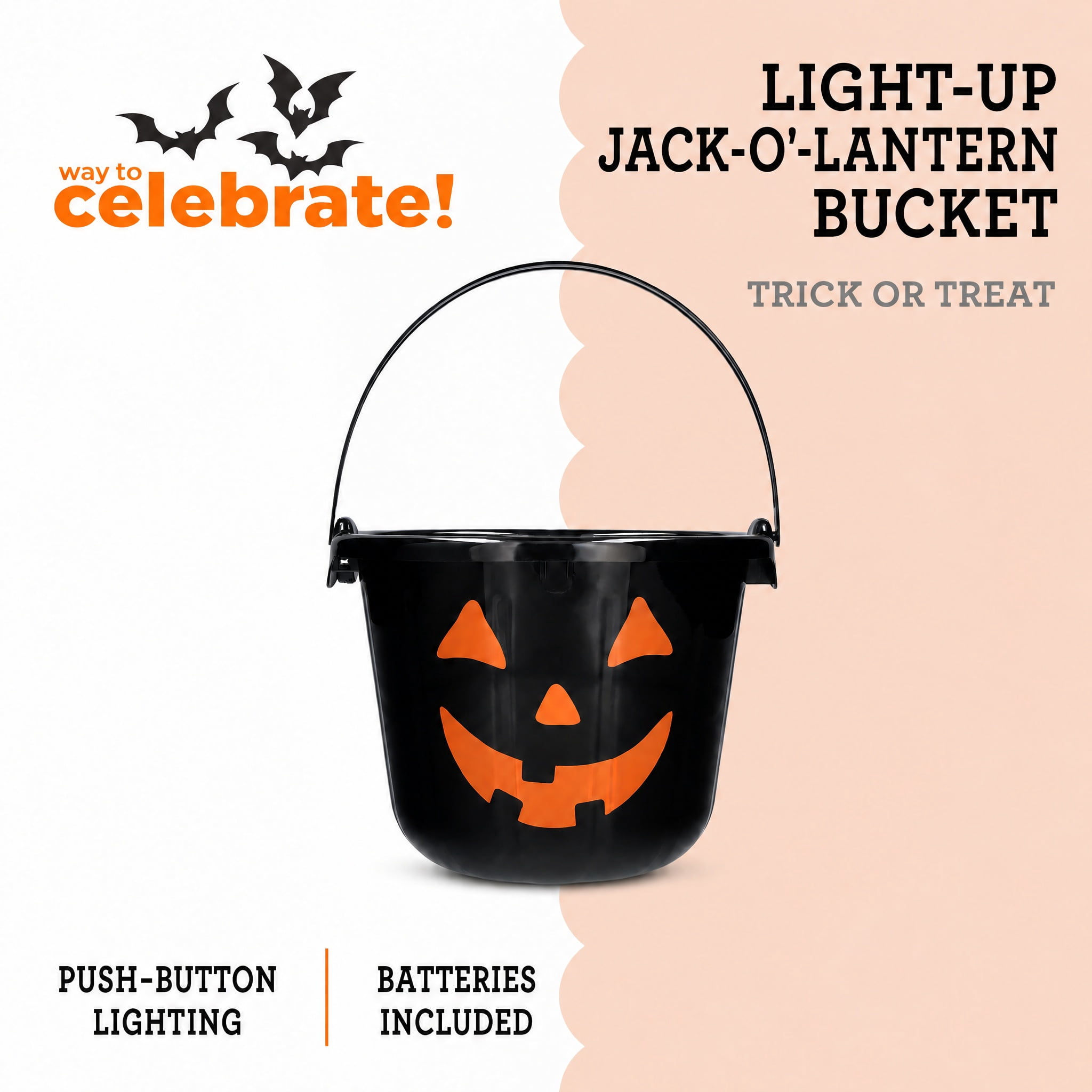 Light-Up Jack-o'-Lantern Trick-or-Treat Bucket, Black, 6.5", Halloween by Way To Celebrate