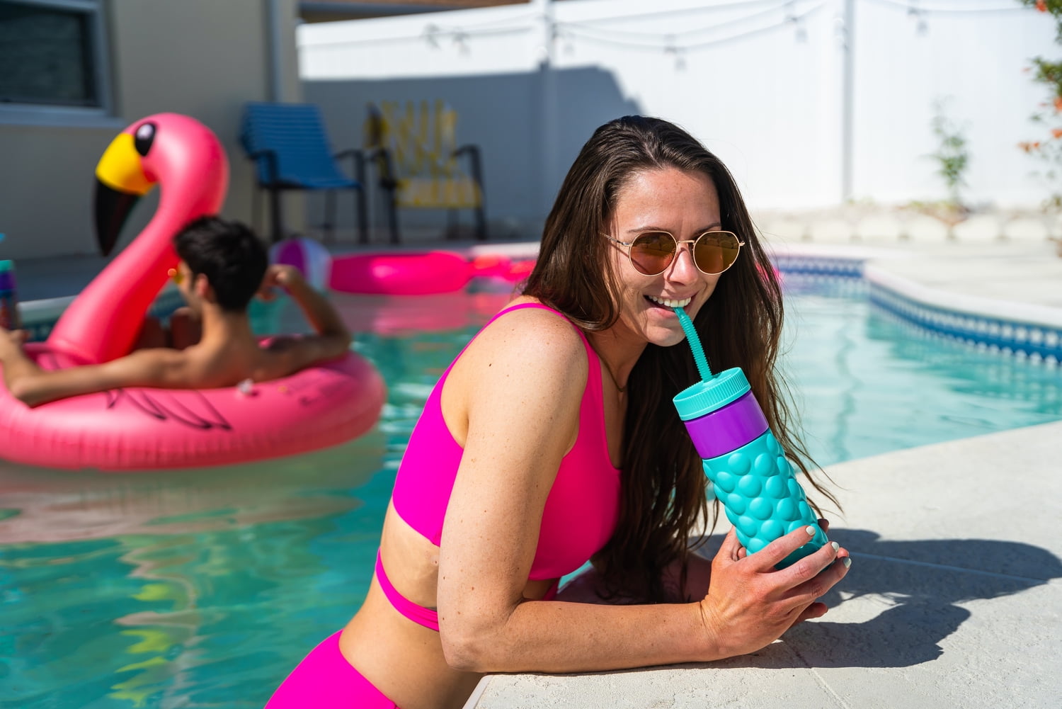 COOLGEAR GO GRIP 24oz 2-PackRetro Squishy Water Bottle | Cute Printed Design, Foam Grip, Resealable Bendy Straw | Dishwasher Safe - Summer Drinkware for Kids, Adults, Gifts - Bubble Teal & Prism