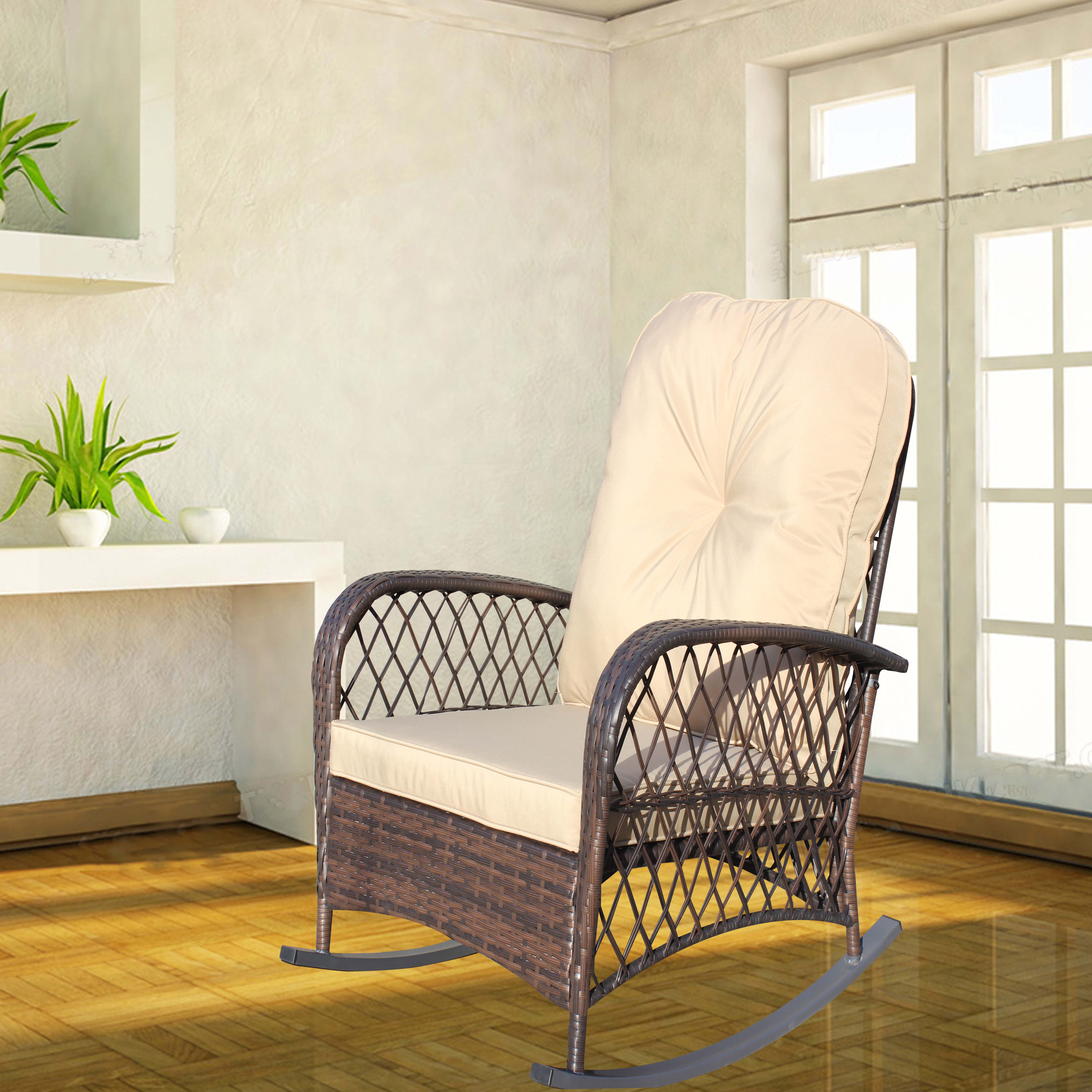 Wicker Outdoor Rocking Chair, Wide Seat Thick Cushion Steel Frame Rattan Rocker for Patio Garden Backyard Relax Area, Shallow Brown
