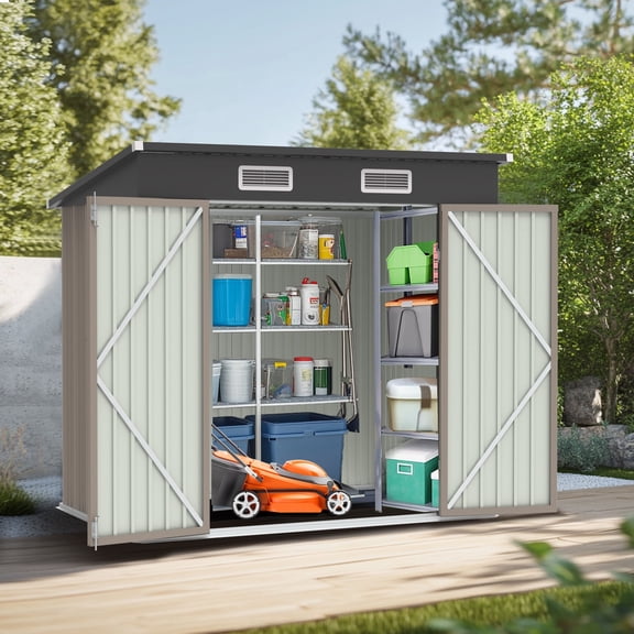 Segmart Outdoor Storage Shed, 6x4 FT Galvanized Steel Metal Bike Shed with Lockable Door, Waterproof Outdoor Garden Storage Tools Shed with Apex Roof, for Garden, Backyard, Brown